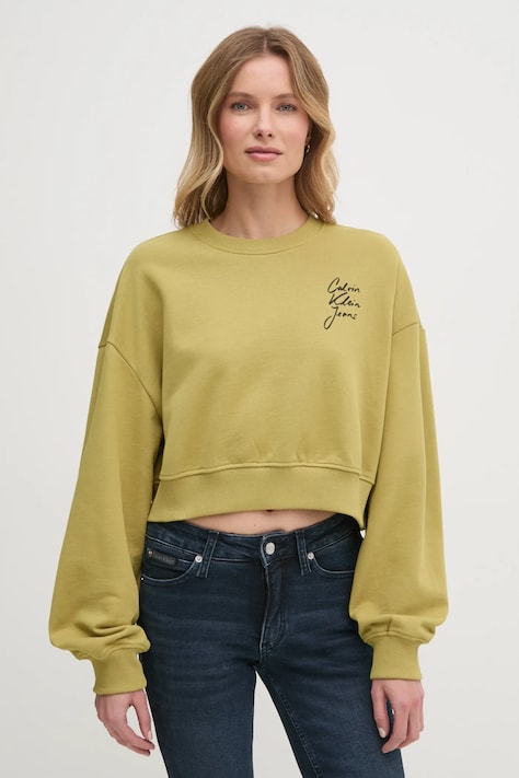 Calvin Klein Jeans hanorac de bumbac femei, culoarea verde, cu imprimeu, J20J224743