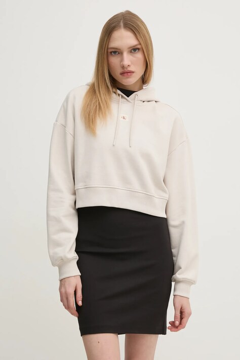 Calvin Klein Jeans bluza bawełniana damska kolor beżowy z kapturem gładka J20J224746