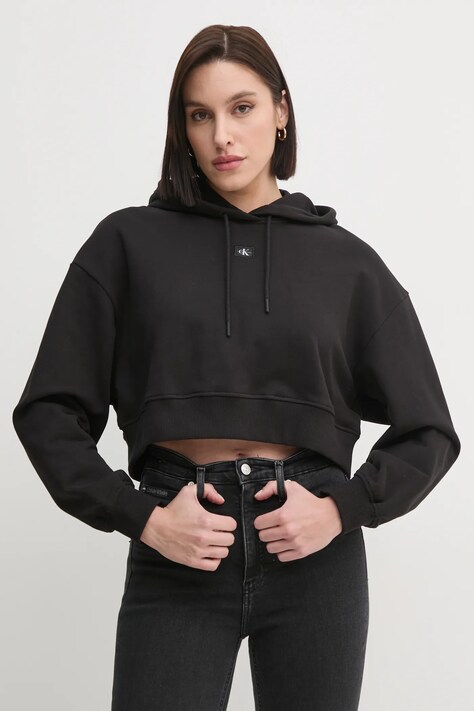 Bavlněná mikina Calvin Klein Jeans dámská, černá barva, s kapucí, hladká, J20J224746