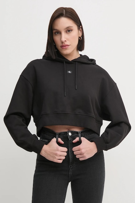 Bavlnená mikina Calvin Klein Jeans dámska, čierna farba, s kapucňou, jednofarebná, J20J224746