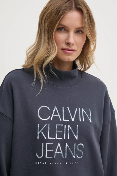 Bavlněná mikina Calvin Klein Jeans dámská, šedá barva, s aplikací, J20J225082