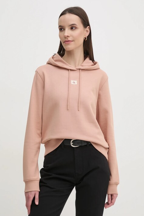 Памучен суичър Calvin Klein Jeans в оранжево с качулка с апликация J20J225085