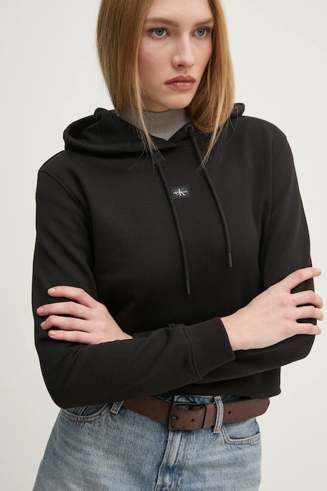 Bavlnená mikina Calvin Klein Jeans dámska, čierna farba, s kapucňou, s nášivkou, J20J225085