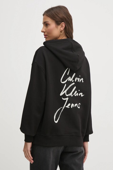 Calvin Klein Jeans hanorac de bumbac femei, culoarea negru, cu glugă, cu imprimeu, J20J225493