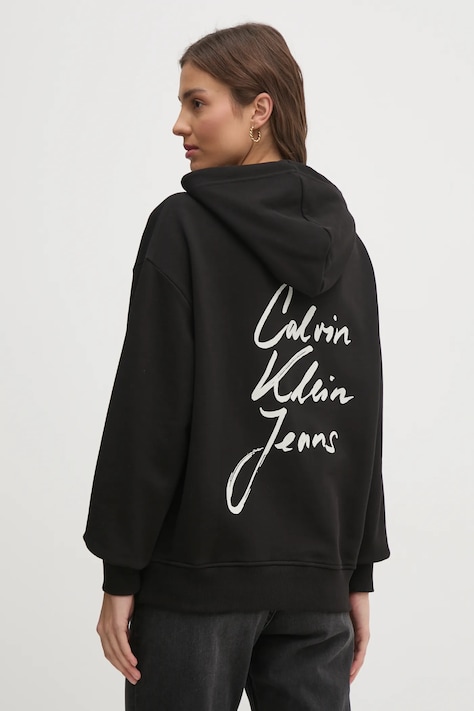 Pamučna dukserica Calvin Klein Jeans za žene, boja: crna, s kapuljačom, s tiskom, J20J225493