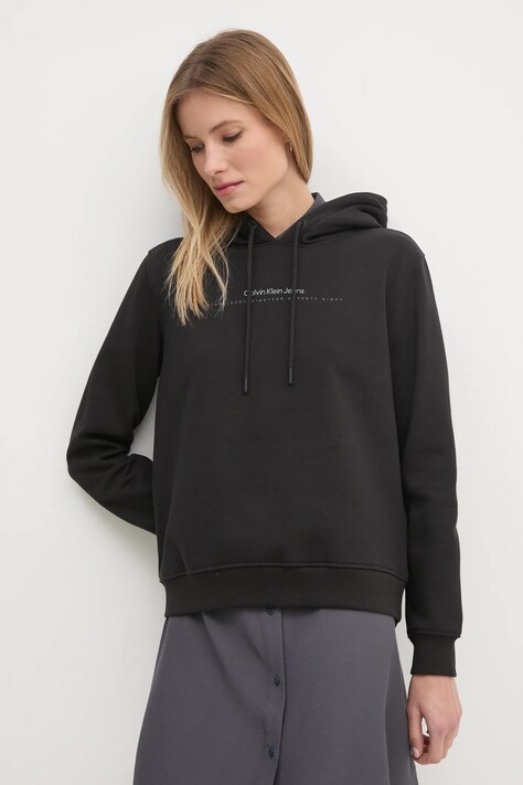 Mikina Calvin Klein Jeans dámská, černá barva, s kapucí, s potiskem, J20J225494