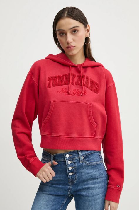 Tommy Jeans bluza bawełniana damska kolor czerwony z kapturem z aplikacją DW0DW19413