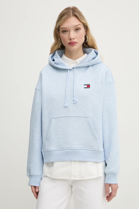 Bavlněná mikina Tommy Jeans dámská, modrá barva, s kapucí, s aplikací, DW0DW19414