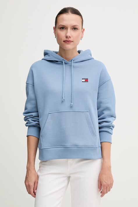 Tommy Jeans hanorac de bumbac femei, culoarea roz, cu glugă, cu imprimeu, DW0DW19414