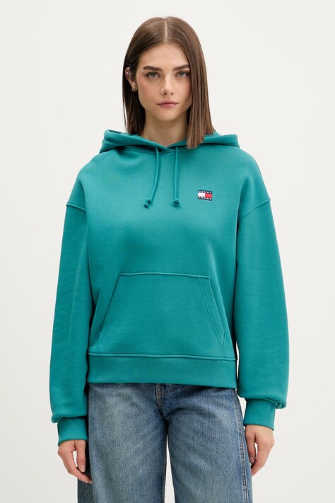 Tommy Jeans bluza z kapturem damska bawełniana turkusowa DW0DW19414