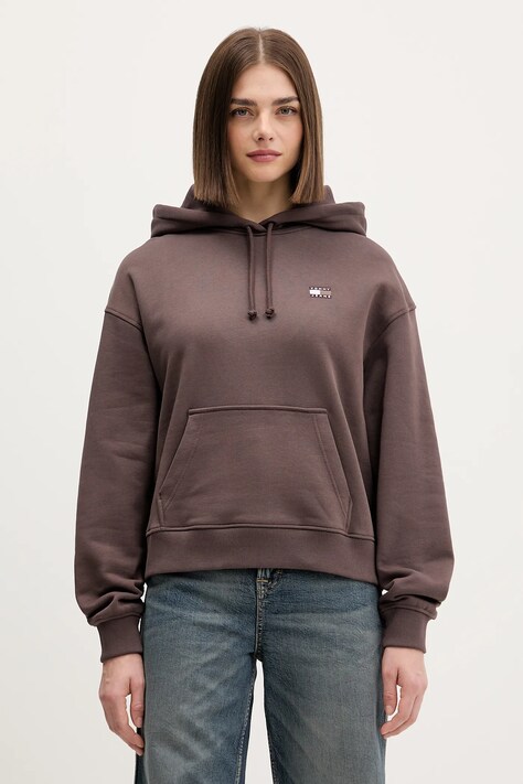 Tommy Jeans bluza bawełniana damska kolor brązowy z kapturem z aplikacją DW0DW19414