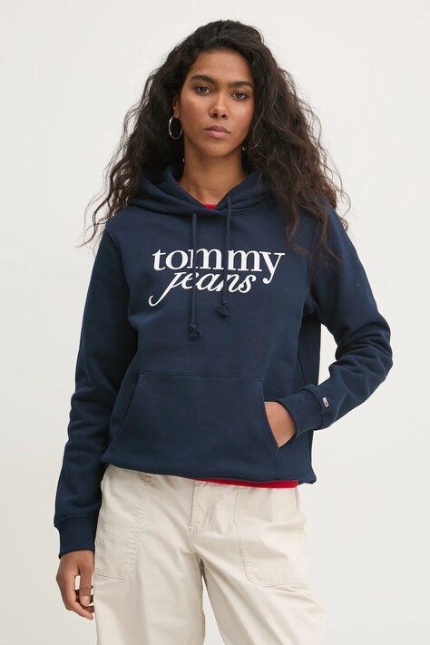 Tommy Jeans bluza femei, culoarea albastru marin, cu glugă, cu imprimeu, DW0DW20170