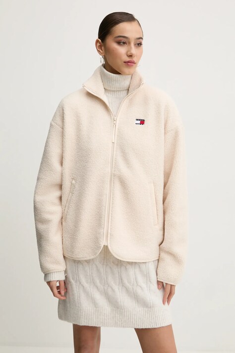 Tommy Jeans hanorac fleece culoarea bej, uni, DW0DW20174