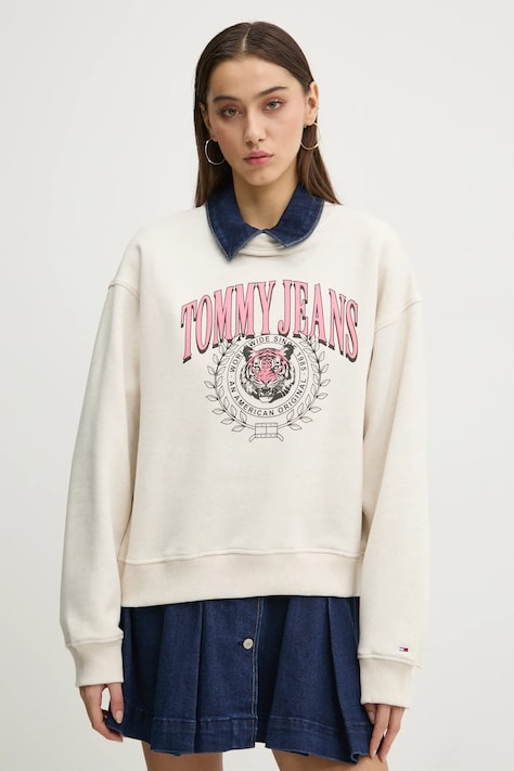 Mikina Tommy Jeans dámská, béžová barva, s potiskem, DW0DW20211