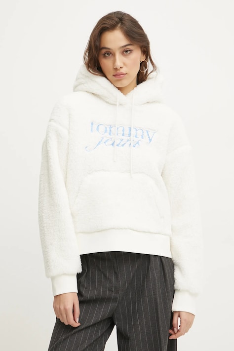 Dukserica Tommy Jeans za žene, boja: bež, s kapuljačom, s aplikacijom, DW0DW20465