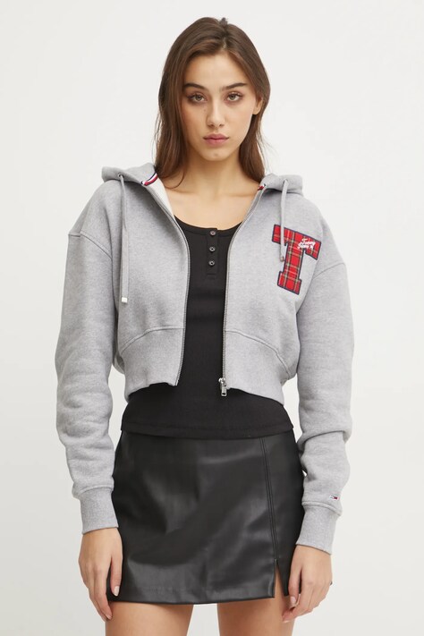 Tommy Jeans hanorac de bumbac femei, culoarea gri, cu glugă, melanj, DW0DW20535