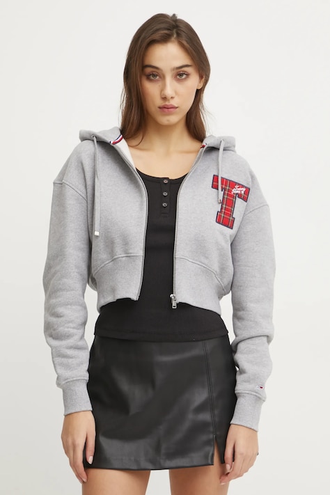 Pamučna dukserica Tommy Jeans za žene, boja: siva, s kapuljačom, melanž, DW0DW20535