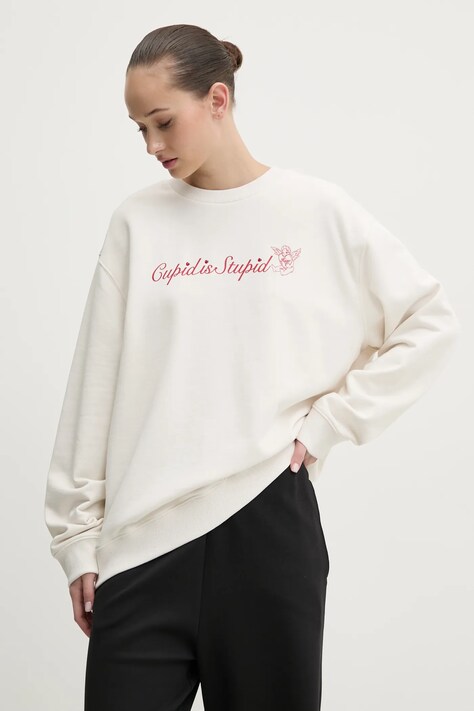 Bavlněná mikina Hugo Blue dámská, béžová barva, s potiskem, 50533960