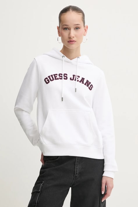 Bavlněná mikina Guess Jeans dámská, bílá barva, s kapucí, s aplikací, W5RQ17 K68I4