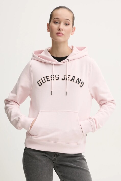 Guess Jeans hanorac de bumbac femei, culoarea roz, cu glugă, cu imprimeu, W5RQ17 K68I4