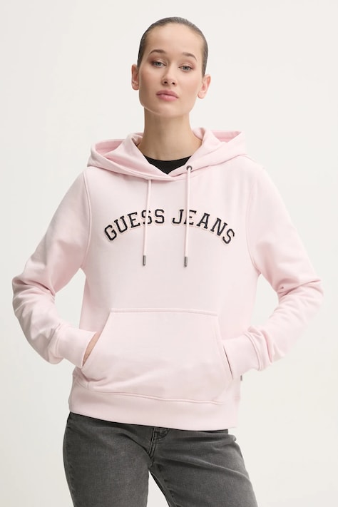 Guess Jeans bluza bawełniana damska kolor różowy z kapturem z aplikacją W5RQ17 K68I4