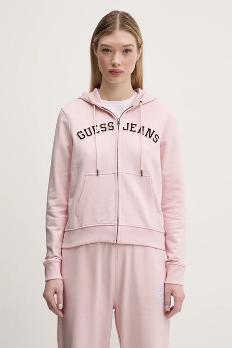 Хлопковая кофта Guess Jeans женская цвет розовый с капюшоном меланж W5RQ20 K68I4