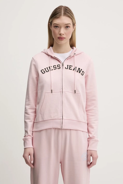 Guess Jeans bluza bawełniana damska kolor różowy z kapturem melanżowa W5RQ20 K68I4
