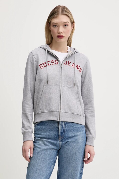 Хлопковая кофта Guess Jeans женская цвет серый с капюшоном меланж W5RQ20 K68I4