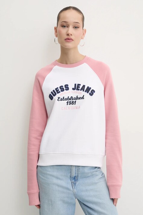 Bavlněná mikina Guess Jeans dámská, bílá barva, s aplikací, W5RQ23 K68I4