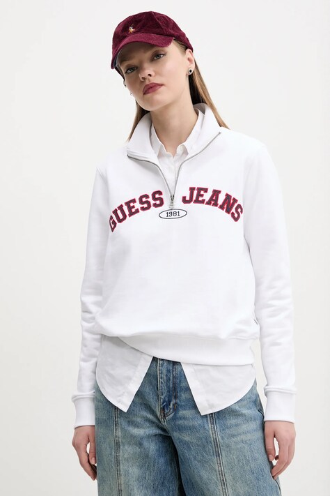 Bavlněná mikina Guess Jeans dámská, bílá barva, s aplikací, W5RQ25 K68I4
