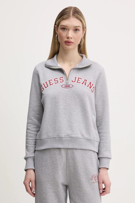 Guess Jeans hanorac de bumbac femei, culoarea gri, cu imprimeu, W5RQ25 K68I4