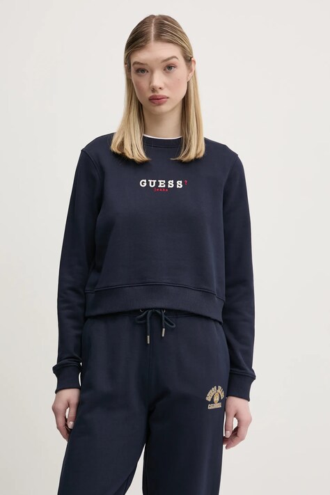 Guess Jeans hanorac de bumbac femei, culoarea albastru marin, cu imprimeu, W5RQ28 K68I4