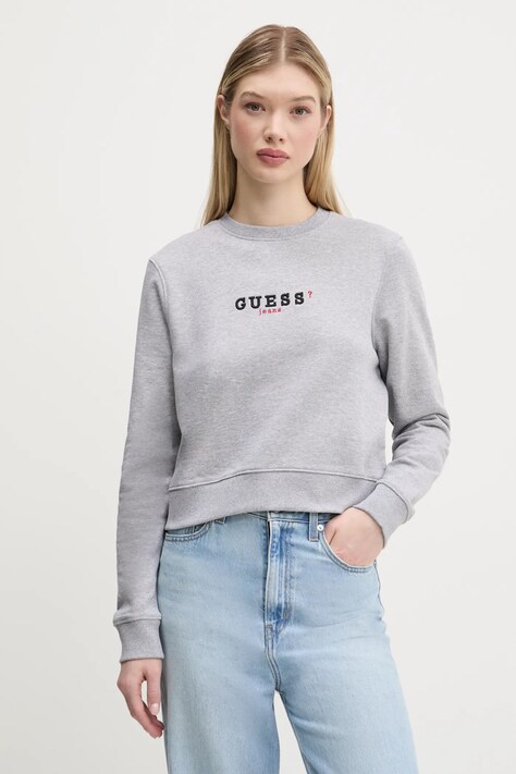 Guess Jeans hanorac de bumbac femei, culoarea gri, cu imprimeu, W5RQ28 K68I4
