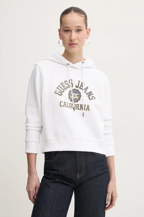Guess Jeans hanorac de bumbac femei, culoarea alb, cu glugă, cu imprimeu, W5RQ29 K68I4