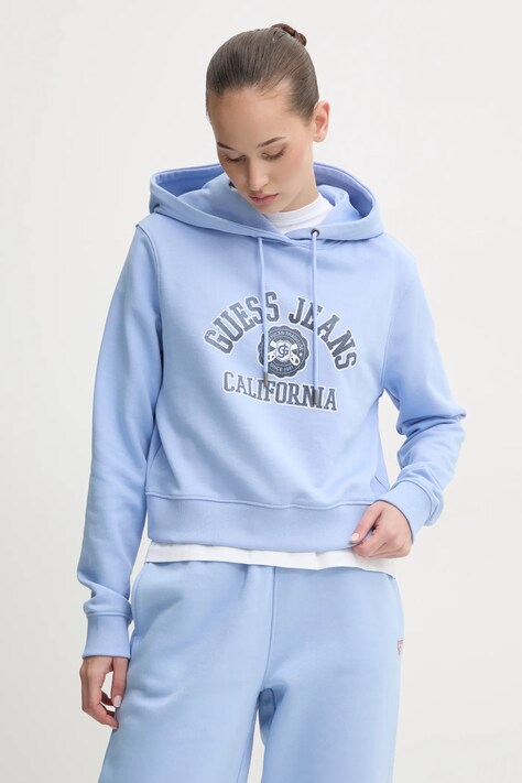 Bavlněná mikina Guess Jeans dámská, modrá barva, s kapucí, s potiskem, W5RQ29 K68I4