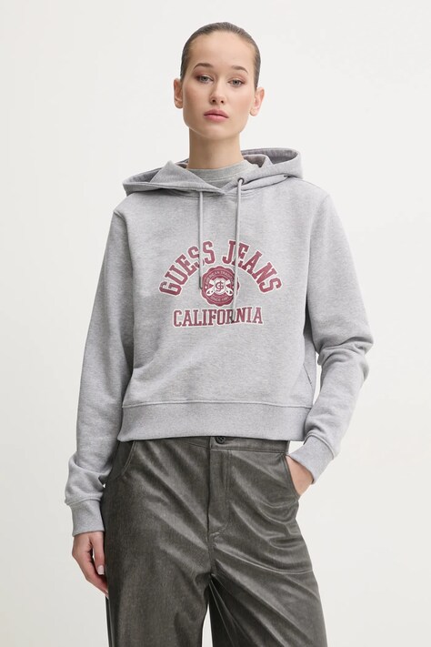 Хлопковая кофта Guess Jeans женская цвет серый с капюшоном с принтом W5RQ29 K68I4