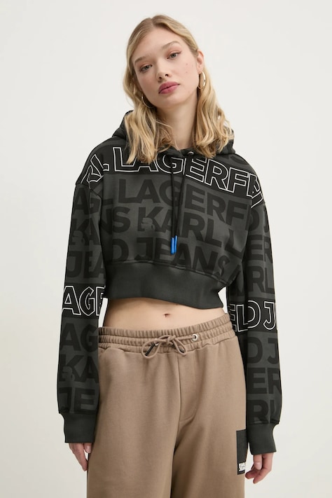 Bavlněná mikina Karl Lagerfeld Jeans dámská, černá barva, s kapucí, vzorovaná, A1W20067