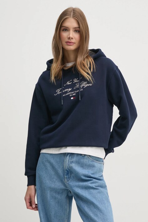 Хлопковая кофта Tommy Hilfiger женская цвет синий с капюшоном с аппликацией WW0WW43842