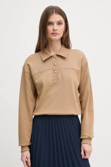Tommy Hilfiger hanorac de bumbac femei, culoarea maro, neted, WW0WW44081