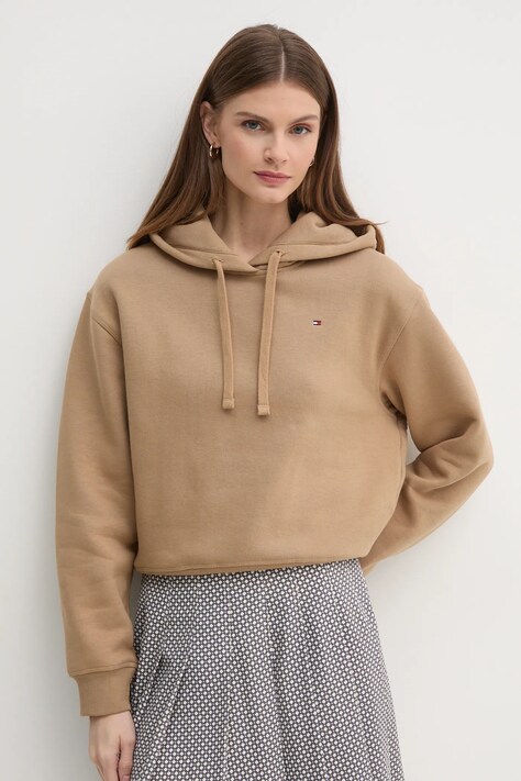 Tommy Hilfiger bluza femei, culoarea maro, cu glugă, neted, WW0WW44991