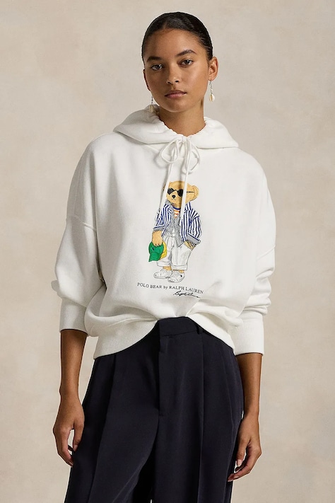 Кофта Polo Ralph Lauren жіноча колір білий з капюшоном з принтом 211959115