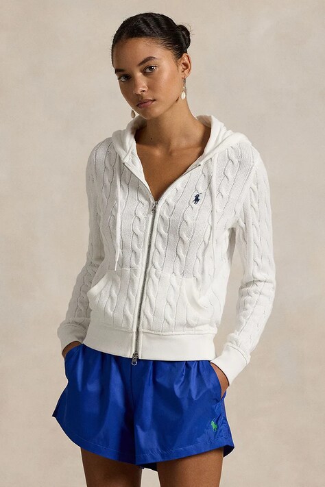 Polo Ralph Lauren bluza bawełniana damska kolor biały z kapturem gładka 211959124