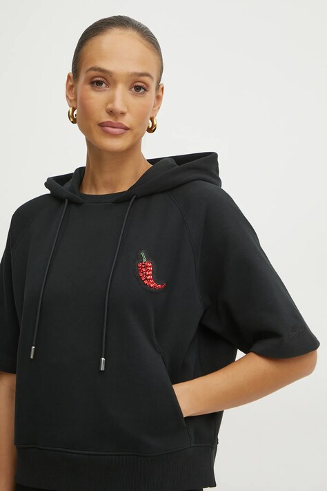BOSS Orange bluza bawełniana damska kolor czarny z kapturem z aplikacją 50531853