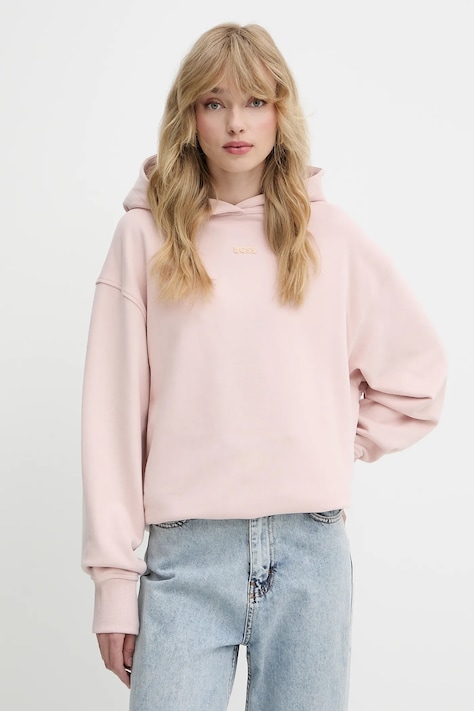 BOSS Orange bluza bawełniana damska kolor różowy z kapturem z aplikacją 50534815