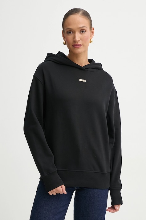 BOSS Orange bluza bawełniana damska kolor czarny z kapturem z aplikacją 50534815