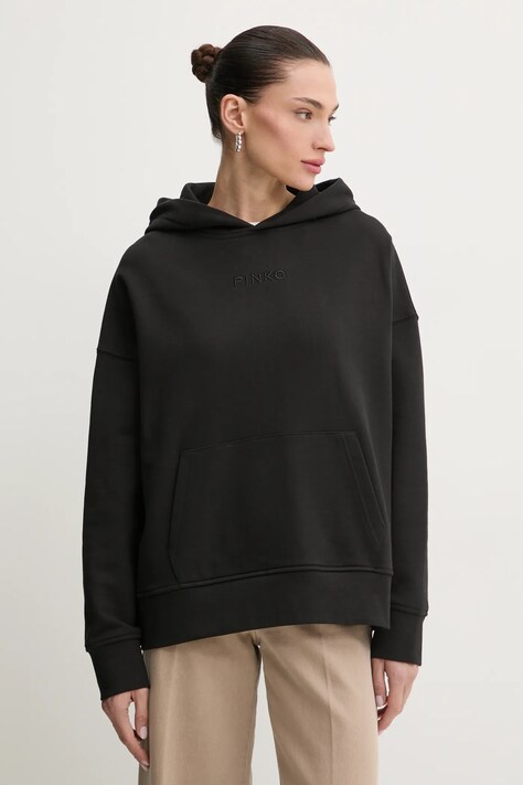 Pinko hanorac de bumbac femei, culoarea negru, cu glugă, cu imprimeu, 104623 A2F9