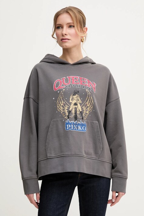 Памучен суичър Pinko в сиво с качулка с принт 104623 A2DB