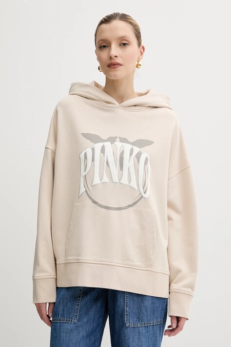 Pinko hanorac de bumbac culoarea bej, cu imprimeu, 104623 A2CU