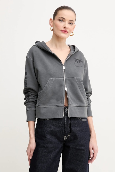 Pamučna dukserica Pinko za žene, boja: siva, s kapuljačom, s tiskom, 104622 A2CV