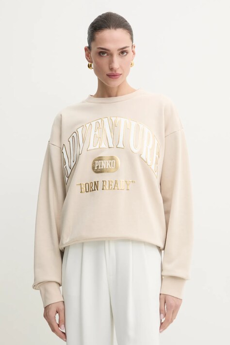 Pamučna dukserica Pinko za žene, boja: bež, s tiskom, 104618 A2CZ